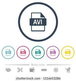 AVI file format flat color icons in round outlines. 6 bonus icons included.