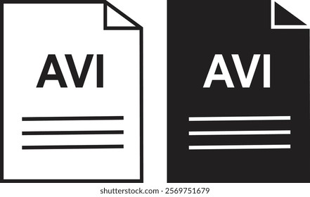 AVI file icon set. AVI file type symbol. File AVI format icon in black filled and outlined style isolated on transparent background. Ideal for technology or data related content, vector illustration.