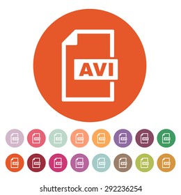 The AVI icon. Video file format symbol. Flat Vector illustration. Button Set