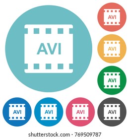 AVI movie format flat white icons on round color backgrounds