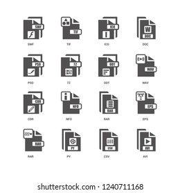 Avi, Wav, Odt, Rar, Eps, Swf, Psd, Cdr, Csv, Py, Ico icon 16 set EPS 10 vector format. Icons optimized for both large and small resolutions.