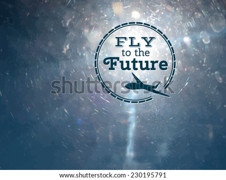Avia background. view of the sun from plane window and logo text Fly to the future