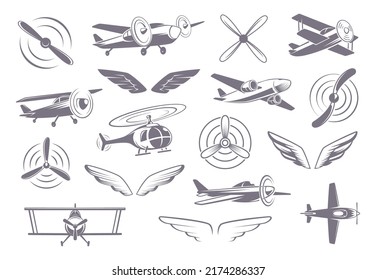 Insignias de Avia. Hélices alas aviones helicópteros estilizados símbolos para la empresa de viajes plantillas exactas de vectores