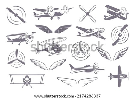 Avia badges. Propellers wings airplanes helicopters stylized symbols for travel company exact vector templates