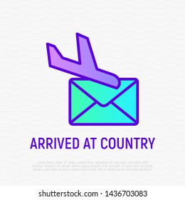 Avia delivery thin line icon, arrived at country sign. Plane and envelope. Modern vector illustration.