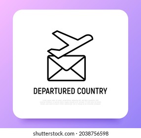 Avia delivery thin line icon, departured country sign. Plane and envelope. Modern vector illustration.