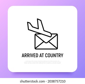 Icono de la línea delgada de entrega vía entrega, llegó a la señal del país. Avión y sobre. Ilustración vectorial moderna.