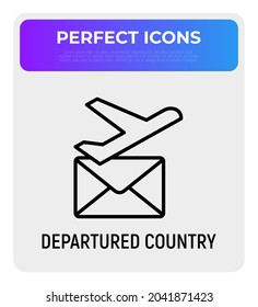 Avia delivery thin line icon, departured country sign. Plane and envelope. Modern vector illustration.