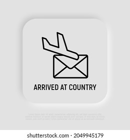 Avia delivery thin line icon, arrived at country sign. Plane and envelope. Modern vector illustration.
