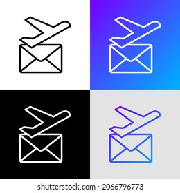 Icono de la línea delgada de la entrega vía el símbolo del país de salida. Avión y sobre. Ilustración vectorial moderna.