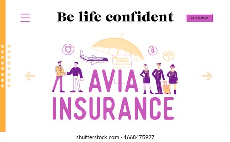 Avia Insurance Landing Page Template. Security and Money Compensation. Agent Shaking Hand to Client, Pilot and Air Hostess Characters Airline Safety Guarantee. Linear People Vector Illustration