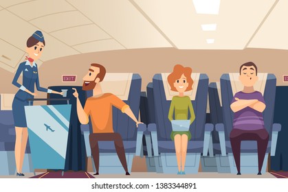 Avia Passengers. Boarding Stewardess Offers Food To Sitting Man In Airplane Board Vector Cartoon Background