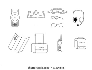 Avia set icons for pilot students and flight schools. Lines, hand drawn. 