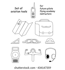 Avia set icons for pilot students and flight schools. Lines, hand drawn.