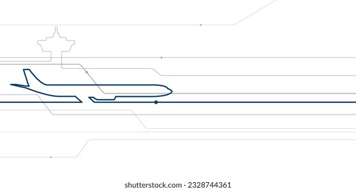 Avia transporte. Ilustración del contorno del avión para su proyecto. Imagen de líneas grises y azules sobre fondo blanco. Arte de diseño de vectores