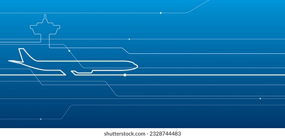 Avia transport. Airplane outline illustration for your project. White lines image on blue background. Vector design art