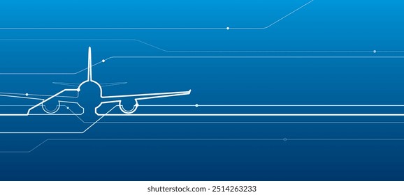 Transporte aéreo. Ilustración de esquema de avión para su proyecto. Imagen de líneas blancas sobre fondo azul. Arte de diseño de Vector