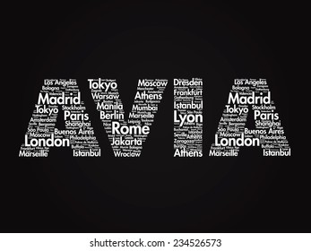 AVIA travel concept made with words cities names, vector collage