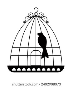 Avian animal placed in vintage metal cage with retro swirls and decorations. Isolated bird, exotic birdie with long tail chirping. Carrier for pet, zoo store or shop assortment. Vector in flat style