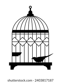 Avian animal silhouette sitting in a metal cage. Isolated caged bird or parrot with long tail and soft okumage. Vintage carrier for birdie, zoo or shop with pets to buy. Vector in flat style
