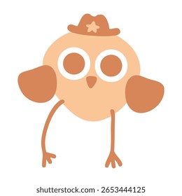 Avian bird dressed as a cowboy. Cartoon bird in western Halloween costume. Cowboy hat with gold star in center. Beige neutral color scheme. Cowboy bird happily dancing. Isolated white background.