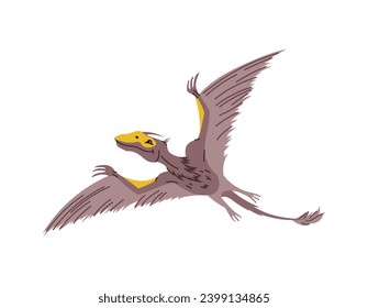 Avian extinct animal, isolated pterodactyl. Vector dinosaur character with plumage and wings flying. Dino personage, nothronychus species