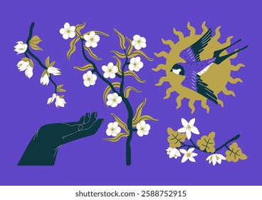 avian  songbird among blooming branches