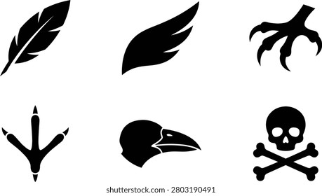 Avian and warning symbols featuring feathers wings and a skull