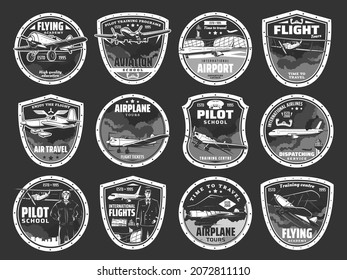 Aviation academy and airline airport icons set. Individual air tours, dispatching service emblem or badge. Passenger airliner, vintage propeller monoplane and biplane aircraft vector