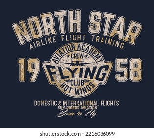 Aviation academy airline flight training flying club vintage vector print for boy kid t shirt grunge effect in separate layers