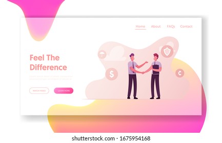 Aviation Accident Insurance Landing Page Template. Agent Character with Folder Shake Hand to Client. Life and Health Financial Guarantee Contract, Handshake, Deal. Cartoon People Vector Illustration