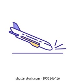 Aviation accident RGB color icon. Air disasters. Airplane crashes. Pilot error. Maintenance failures, inclement weather. Unforeseen plane hazards. Aircraft hitting land. Isolated vector illustration