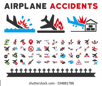 Aviation Accidents Vector Icon Collection. Here Are Airplane Crashes, Terrorist Attacks, Military Drones, Plane Accidents.