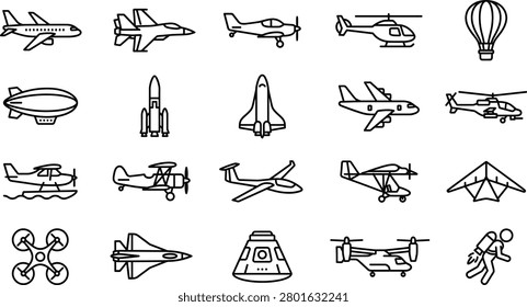 Aviation and aerospace transportation thin line icon set collection
