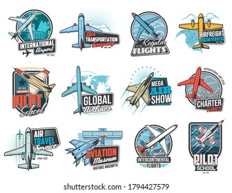 Aviation and air flight icons, airplane pilot school and aircraft museum, vector signs. Air flight aviators academy, global airlines and flights travel, air transportation freight delivery service