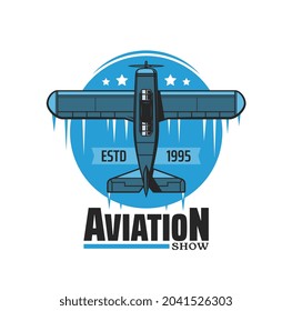 El aire de la aviación muestra un icono vectorial con plano vintage, avión, biplano de hélice o monoplano que realiza maniobras aerobias. Diseño de insignias azules de la competición de vuelo de aeronaves retro o piloto