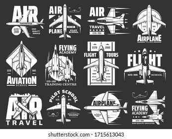 Aviation, air travel and airplane vector icons. Flight tours and aircraft pilot school badge, military aviation and air transport academy, flying training center and airlines passenger service company