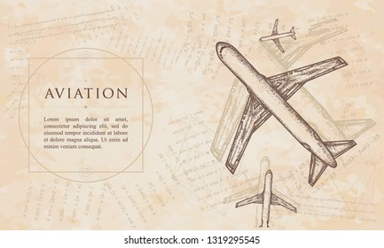 Aviation. Aircraft construction concept. Renaissance background. Medieval manuscript, engraving art 