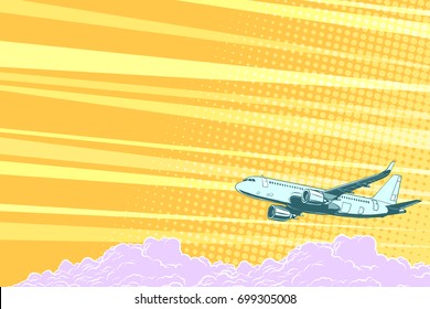 Aviation aircraft flying above the clouds, vector background. Pop art retro vector illustration