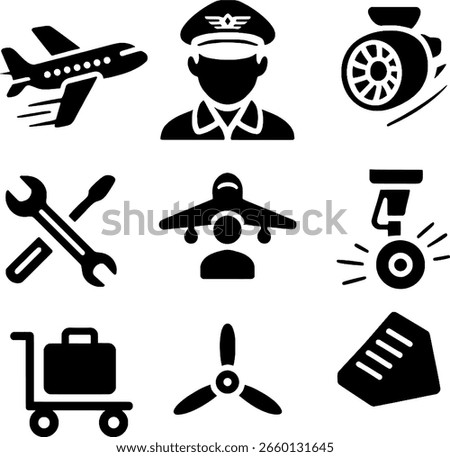 Aviation and Aircraft Maintenance Icon Set. A comprehensive set of flat design vector icons related to aviation, aircraft maintenance, and air travel.