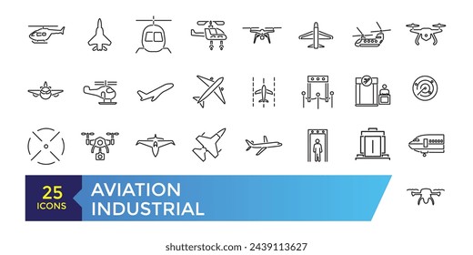 Aviation and Aircraft outline icon set with flight plane editable stroke symbol: airline, travel, charter, route, airplane, business jet, military fighter.