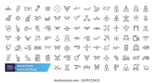 Aviation and Aircraft outline icon set with flight plane editable stroke symbol: airline, travel, charter, route, airplane, business jet, military fighter.