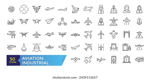 Aviation and Aircraft outline icon set with flight plane editable stroke symbol: airline, travel, charter, route, airplane, business jet, military fighter.