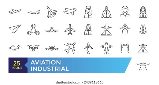 Aviation and Aircraft outline icon set with flight plane editable stroke symbol: airline, travel, charter, route, airplane, business jet, military fighter.