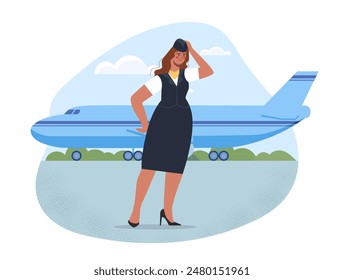 Aviation aircrew woman. Young girl near airplane. Character in uniform at aerodrome. Air hostess or flight attendant. Aircraft and airline. Cartoon flat vector illustration isolated on background