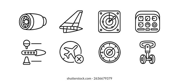 Aviation, airplane linear icon set. cockpit, aircraft controls line collection