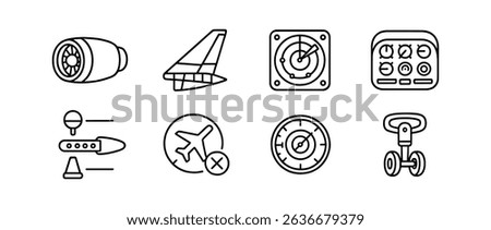 Aviation, airplane linear icon set. cockpit, aircraft controls line collection