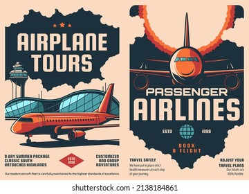 Aviation And Airplane Retro Posters, Air Plane Tours And Travel Flights With Airlines. Vector Vintage Posters Of Air Tourism And Passenger Airlines Or Airplane Tickets Booking With Airport Aircrafts