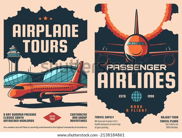 Aviation and airplane retro posters, air plane\
tours and travel flights with airlines. Vector vintage posters of\
air tourism and passenger airlines or airplane tickets booking with\
airport aircrafts