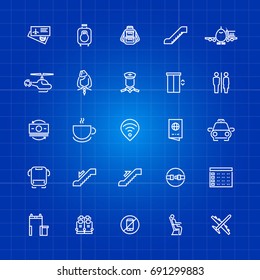 Aviation or airport outline icons set on blue background. Vector illustration